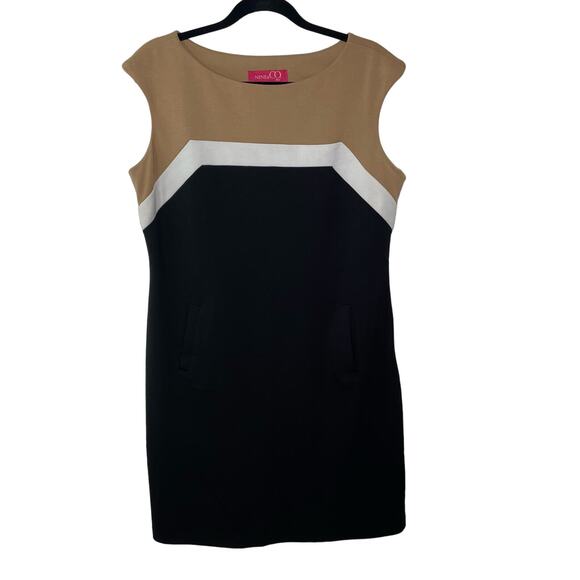 Nine Co Shift Dress Sleeveless Boat Neck Colorblock Brown Black Office Siren 14‎ - Picture 1 of 11